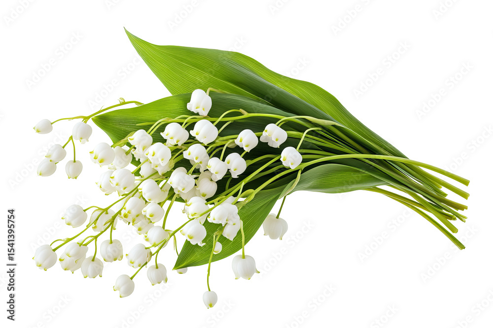 Fototapeta premium Lily of the Valley flower cluster isolated on transparent background — high-resolution PNG botanical cut-out perfect for spring wedding invitations, delicate scrapbook overlays and greeting cards