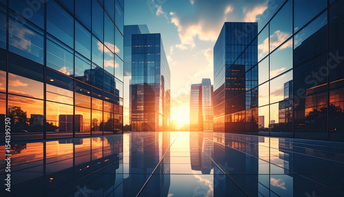 Futuristic urban skyline with glass buildings reflecting orange sunset sky, dynamic vertical lines, and glowing city floor emphasizing symmetry, progress, and depth