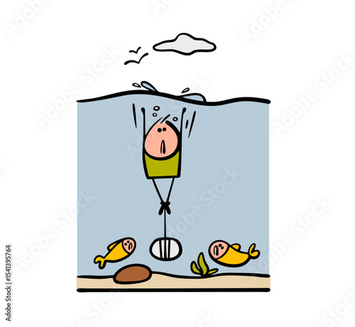 Unfortunate stickman with a stone tied to his feet fell into the water. Vector illustration of a man going down. Psychological help is needed. The fish in the sea look at the victim.