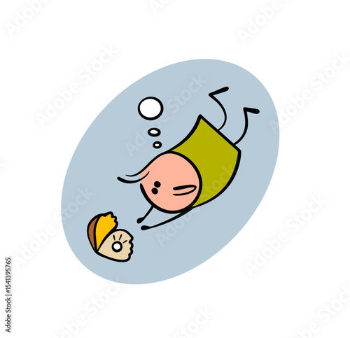 Funny cartoon stickman dives into the sea for prey. vector illustration of a pearl diver. Ocean floor and a beautiful open shell with a large pearl beckon the hunter.