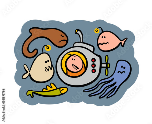 Small submarine sank to the bottom of the ocean and met sea monsters. Vector illustration of a traveler, an explorer of the depths, looking fearfully at scary fish.