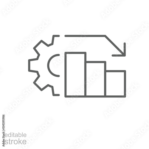 Low performance chart icon outline style. A declining bar graph with gear and downward arrow showing reduced efficiency or productivity drop. Thin line symbol vector illustration. Editable stroke