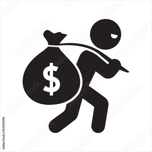 Thief with money bag silhouette icon. Robber carrying a sack with a dollar sign, a simple black vector pictogram for crime and finance themes.