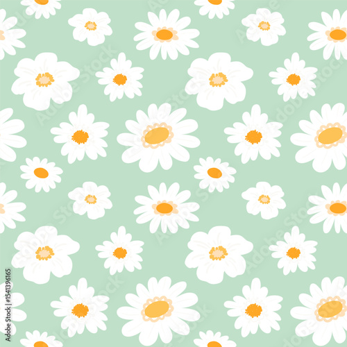 Floral pattern with chamomile flowers on light green background. Flat daisy seamless pattern for textile, fabrics, wrapping paper, prints, home decor