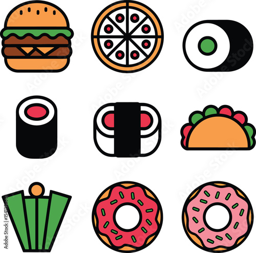 Nine Line Art Food Icons Burger Pizza Sushi Taco Donuts