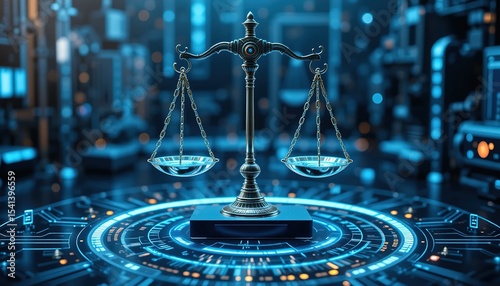 Digital balancing scale justice, fairness in modern technology environment. Holographic scales balance on illuminated datum background of AI circuitry, 32k resolution