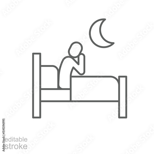 Insomnia icon outline style. A person sitting awake on bed at night under moon symbolizing sleep disorder or difficulty falling asleep. Thin line symbol vector illustration. Editable stroke
