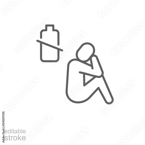 Tipped battery icon outline style. A person sitting with slouched posture and tilted battery symbol representing burnout, exhaustion, energy imbalance, or collapse. Thin line editable stroke