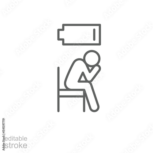 Burnout icon outline style. A person sitting with head down and low battery symbol above showing emotional exhaustion, depression, or fatigue. Thin line symbol vector illustration. Editable stroke