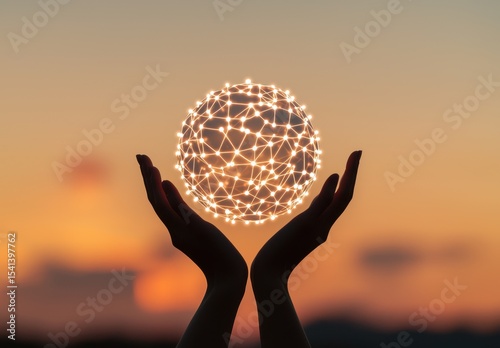 Hands Holding a Glowing Sphere of Light Against a Sunset Background