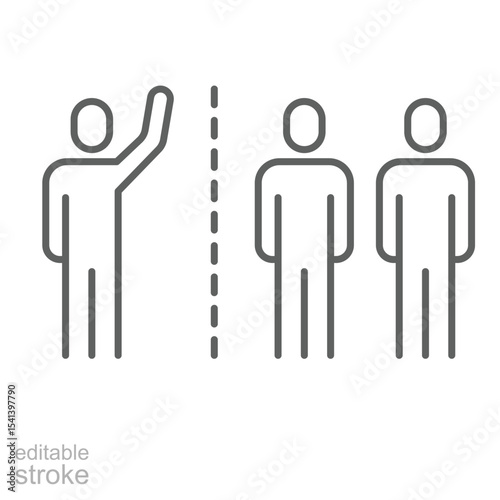 Social isolation icon outline style. A single person separated by dotted line from two others representing exclusion, distancing, or loneliness. Thin line symbol vector illustration. Editable stroke