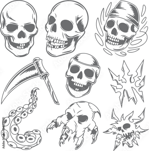 Collection of Grey Skulls Scythe Octopus and Abstract Designs Silhouette Style Vector Graphics