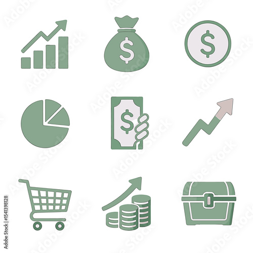 Collection of Financial Icons Depicting Growth, Wealth, and Commerce.