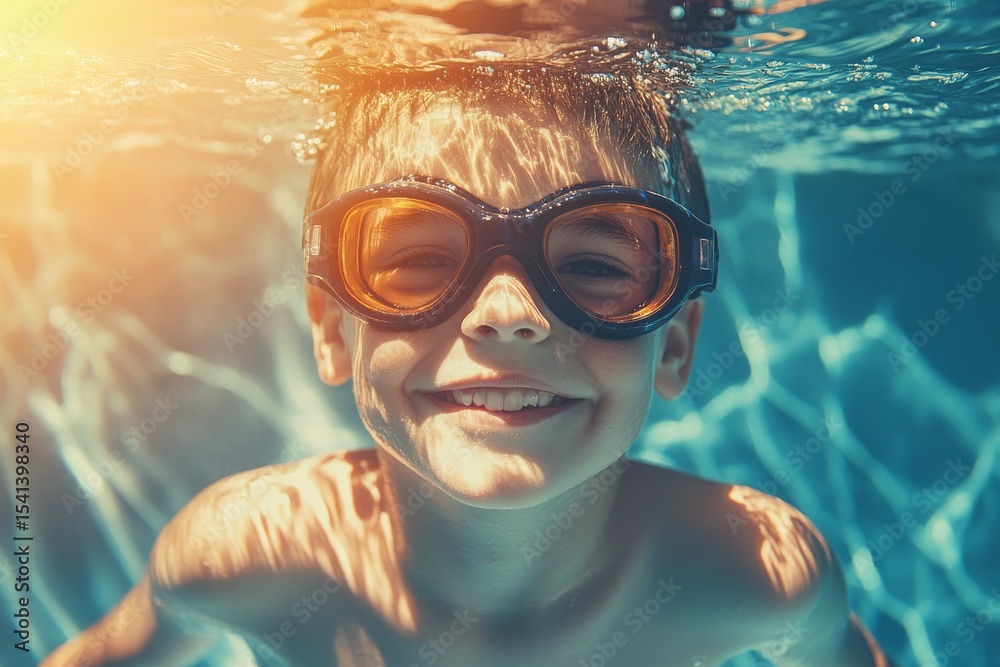 Naklejka premium A joyful image of a child swimming in a pool is a perfect representation of a happy summer vacation