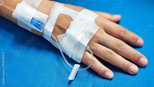 IV Drip on Hand: Close-up view of a hand with an intravenous (IV) drip, highlighting the medical equipment. A close-up of a patient hand with an IV line inserted.
