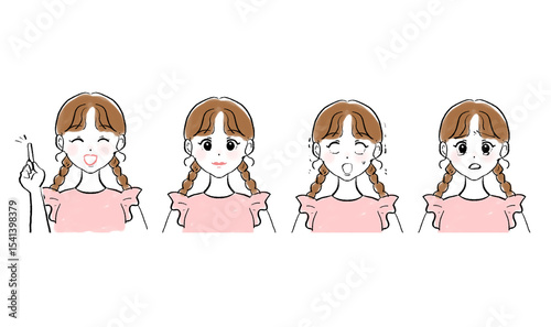 感情豊かな女の子の表情セット（喜怒哀楽・気づき）／手描き風イラスト