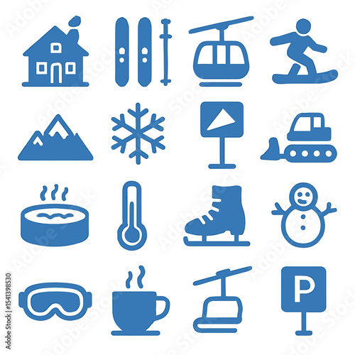 Winter Icons: Skiing, Snowboarding, and Cozy Winter Activities Symbols.