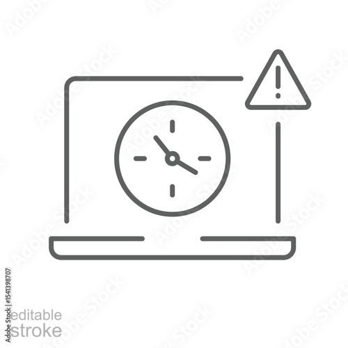 Laptop with time pressure warning sign icon outline Thin line style for remote work fatigue editable stroke symbol of job overload burnout productivity drop