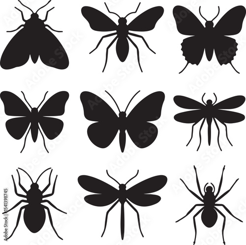 Nine Black Insect Silhouettes Moth Butterfly Spider Dragonfly Collection Graphic Design Elements