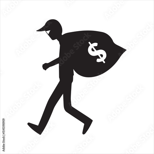 Thief with money bag silhouette icon. Robber carrying a sack with a dollar sign, a simple black vector pictogram for crime and finance themes.