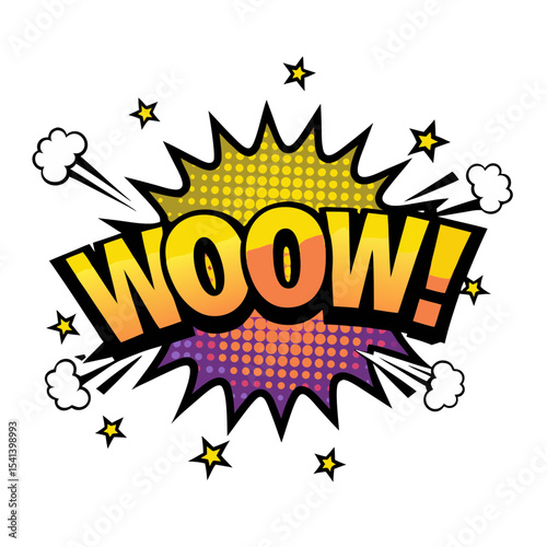 Comic book style graphic with the word "WOW!" in pop art design, isolated vector image on transparent background  
