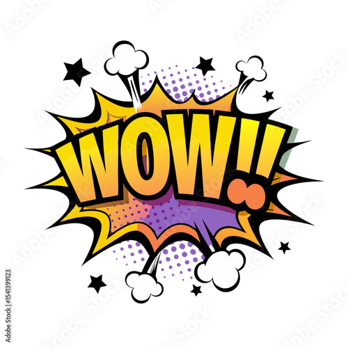 Colorful comic book style text "WOW!!" in pop art design, isolated vector image on transparent background  