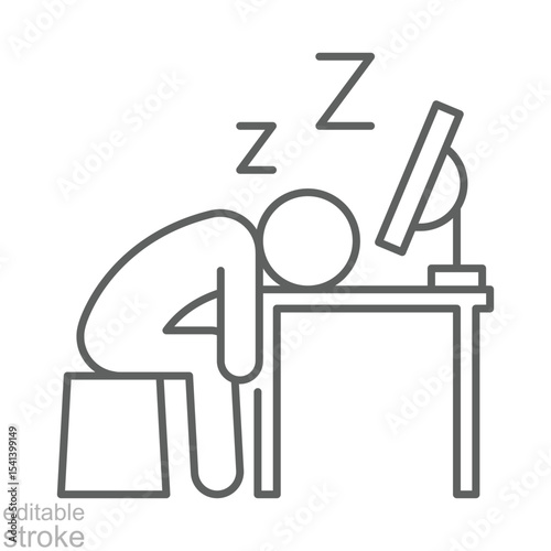 Exhausted employee sleep icon Line outline thin style of person slumped at desk in front of monitor Editable stroke symbol for digital fatigue and workplace burnout illustration
