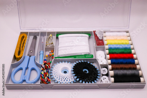 set of various sewing supplies, needlework and needlework