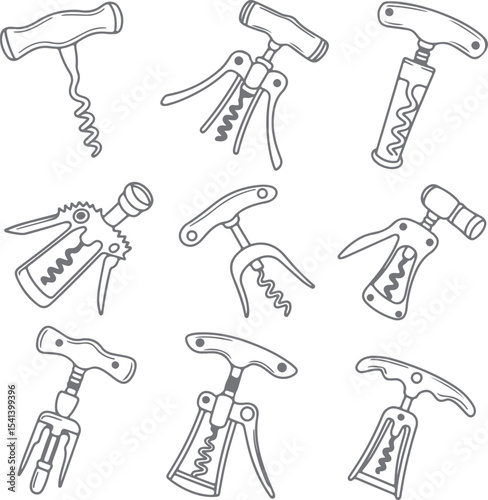 Nine Gray Silhouette Corkscrew Illustrations Wine Opener Tools Kitchen Utensils Collection Simple Line Art Design Elements