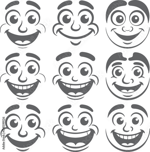Nine Grey Silhouette Cartoon Faces Smiling Joyfully Big Eyes Wide Open Mouths Happy Expressions Set