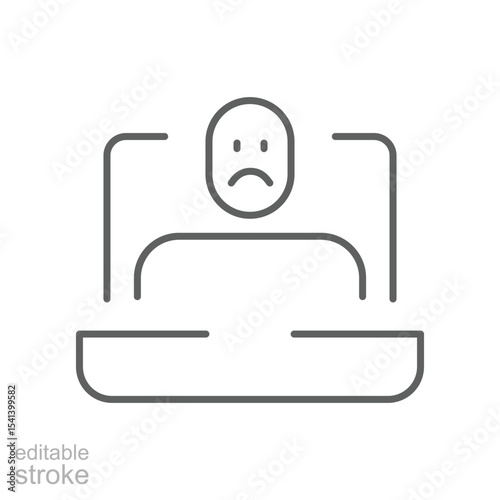 Sad remote worker icon Editable thin line outline of person in video conference feeling stressed tired or emotionally drained during online meeting