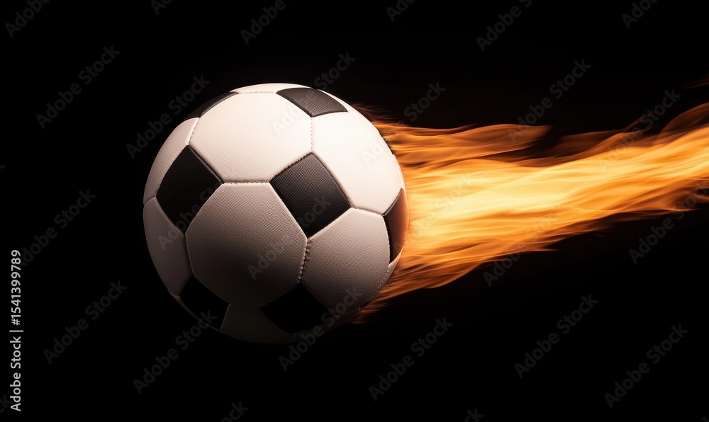 Fototapeta premium Soccer Ball in Motion with Flames on Black Background for Sports Themes
