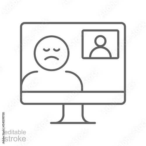 Depressed employee video call icon Editable stroke outline showing remote worker stress sadness fatigue on virtual meeting computer screen