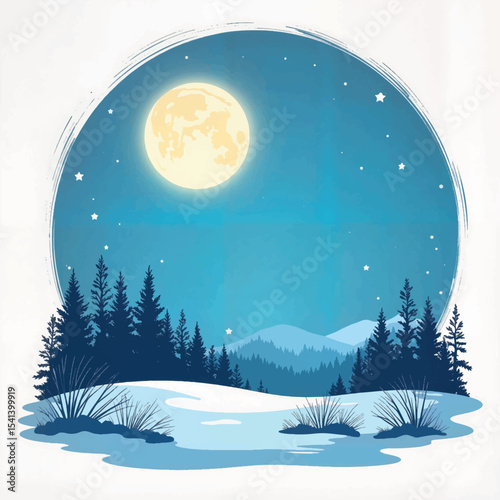Moonlit frost-covered meadow under clear night sky, serene beauty