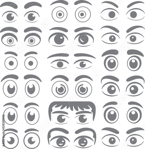 Collection of Gray Cartoon Eyes and Eyebrows Various Expressions and Styles for Animation Design