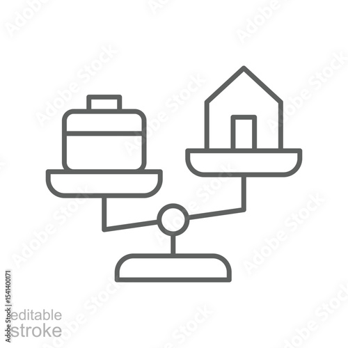 Work home conflict icon Outline line symbol of unbalanced life with job briefcase and house showing burnout stress editable stroke style