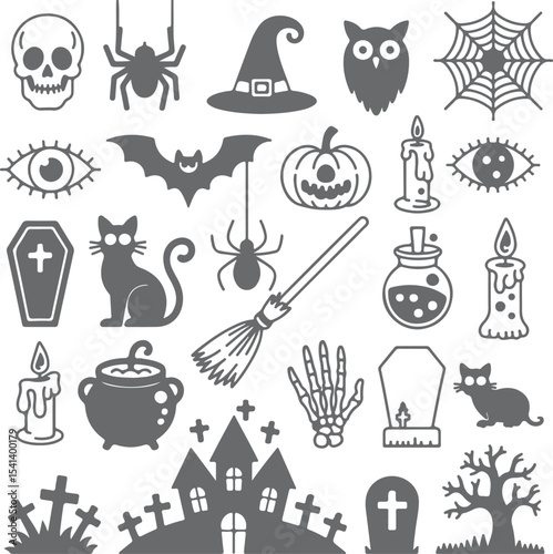 Collection of Grey Halloween Icons Silhouettes Including Skulls Spiders Bats Witches Hats Pumpkins Candles Eyes Coffins Black Cats Brooms