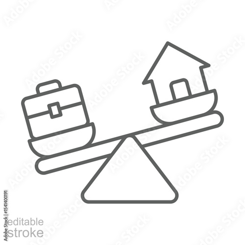 Unbalanced lifestyle icon Editable thin line symbol showing home job tension remote worker fatigue with briefcase and house outline graphic