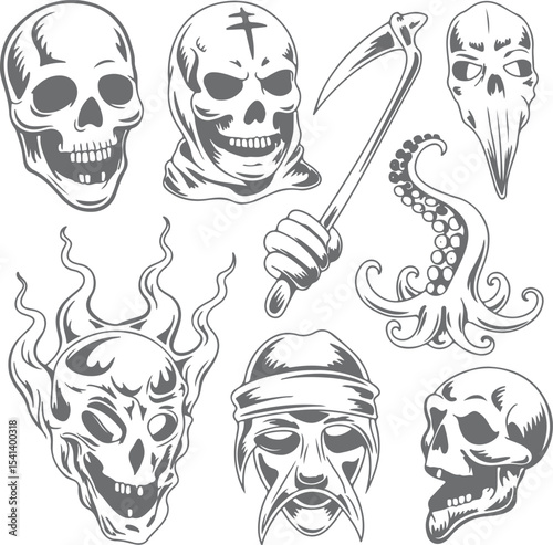 Collection of Grey Skull Silhouettes with Flames Octopus and Grim Reaper Scythe Tattoo Style Illustrations