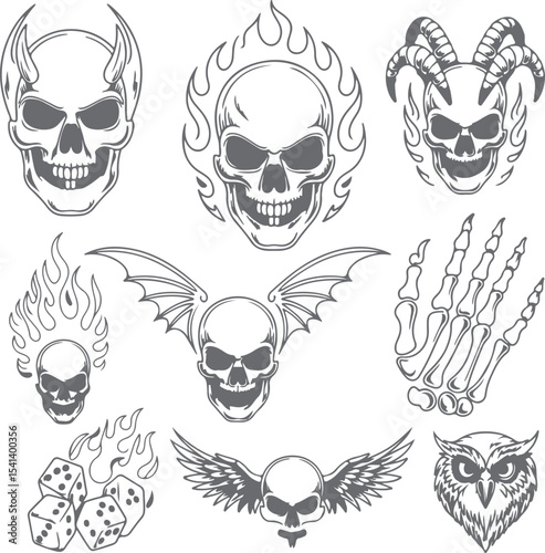 Collection of Grey Skull Silhouettes with Flames Wings Horns and Dice Dark Gothic Tattoo Style Designs for Apparel Prints and Branding