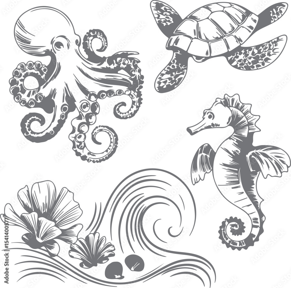 Gray Scale Ocean Life Silhouette Set Octopus Sea Turtle Seahorse Flower Shells Waves Design Element