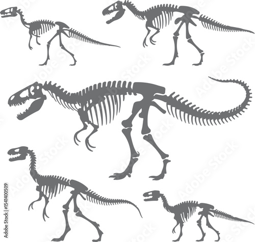 Gray Scale Dinosaur Skeletal Silhouettes Collection Various Poses Tyrannosaurus Rex and Other Species Paleontological Illustration