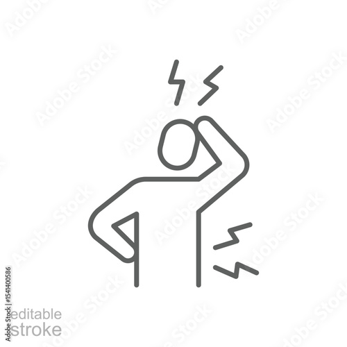 Back and head pain icon Thin line editable stroke symbol showing physical stress symptoms of mental burnout and overwork