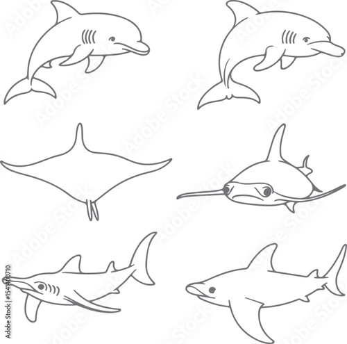 Gray Scale Silhouette Drawings of Dolphins Sharks and a Ray Six Aquatic Animal Line Art Illustrations