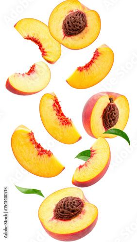 flying peach fruit isolated on transparent white background clipping path PNG background