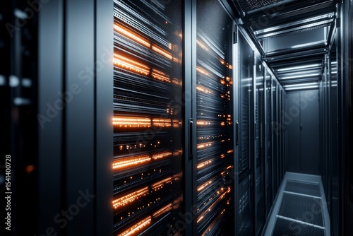 A data center's server room is packed with complex wiring and advanced technology during its nighttime operations