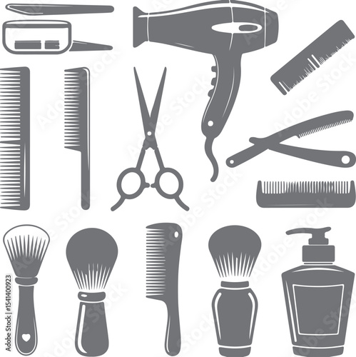 Gray Silhouette Icons Set of Barbershop Tools Hairdressing Equipment Combs Hair Dryer Razor Shaving Brush Aftershave