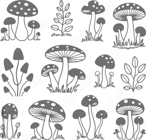 Gray Silhouette Mushroom Illustrations Set Botanical Clipart Collection Grey Toadstools Fungi Nature Elements Design Graphic
