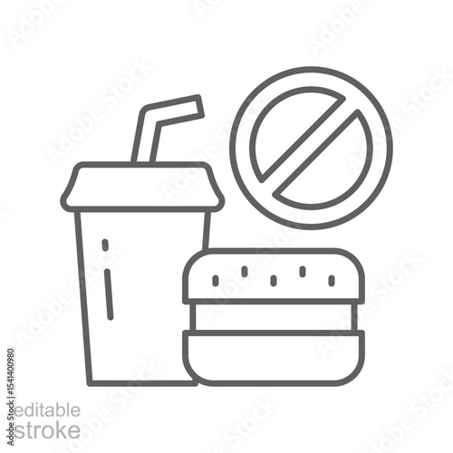 No fast food icon Outline symbol of unhealthy meal restriction including burger and drink in editable stroke thin line style