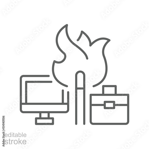 Office stress icon Editable stroke image with burning flame between desk and bag illustrating employee burnout or job fatigue